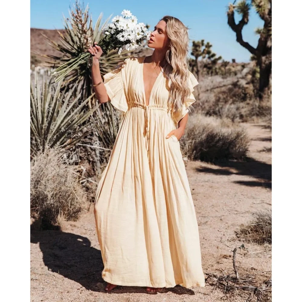 SOLD OUT Cream Gauze Boho Raw Hem Button Maxi Dress - Picture 1 of 11